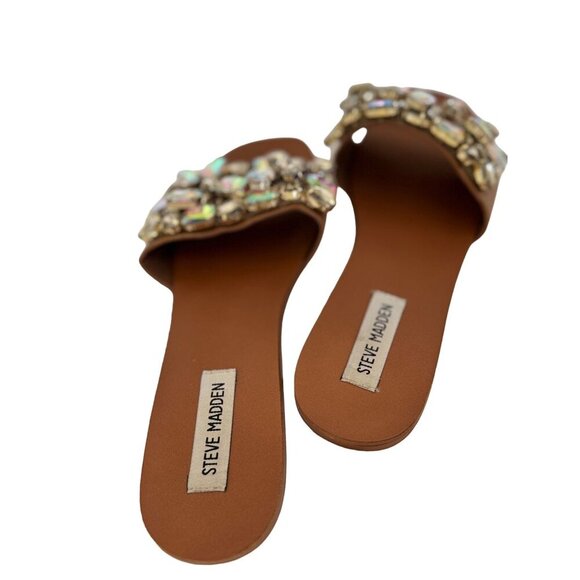 Steve Madden Brionna Rhinestone Flats Tan Leather Jewel Embellished Sandals 7.5 - Picture 7 of 16